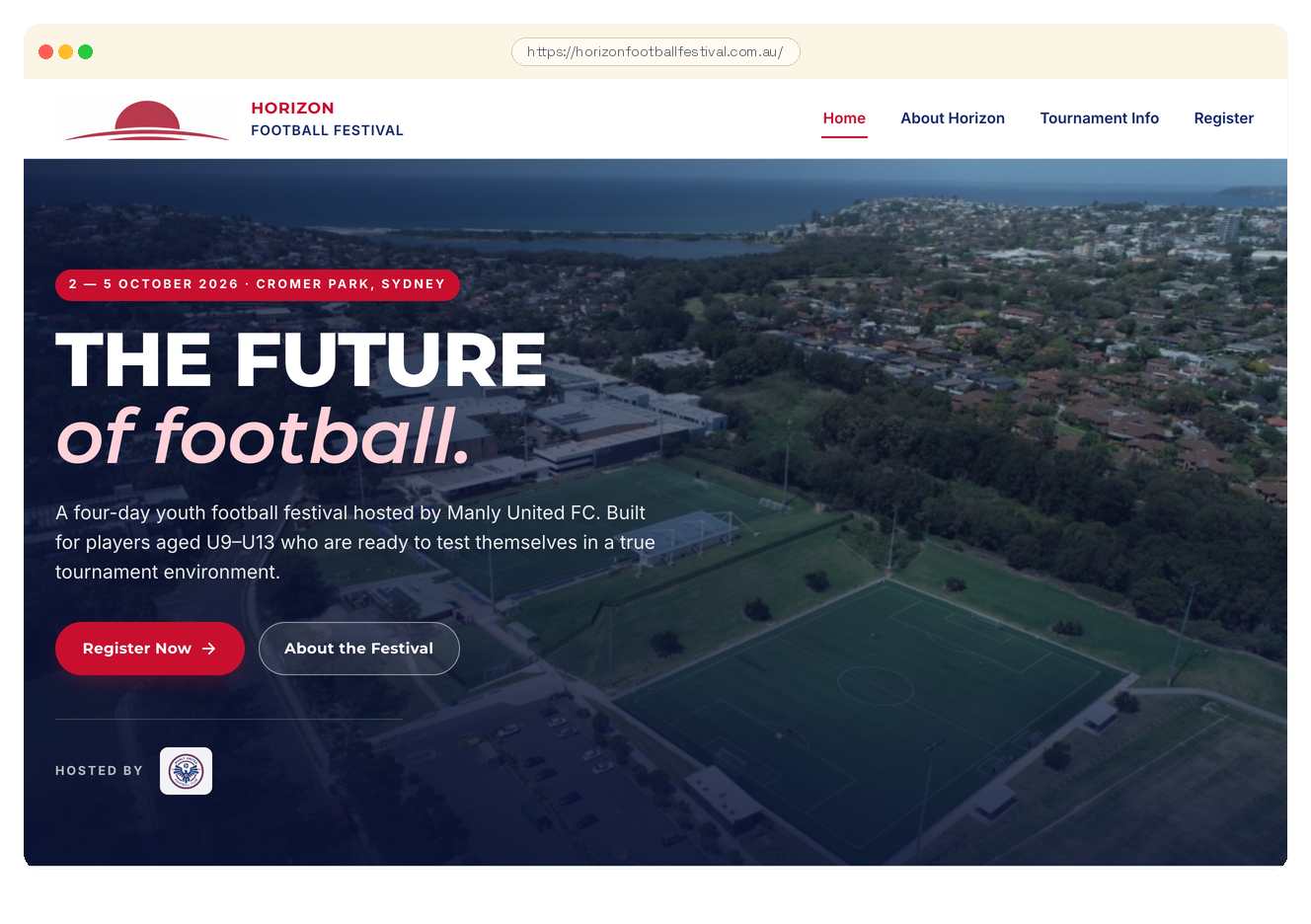 Homepage of horizonfootballfestival.com.au as captured during this audit.
